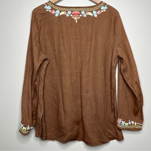 Women 100% Linen Top XL Brown Embroidered Popover. Coastal Lagenlook Lagum - Picture 3 of 8